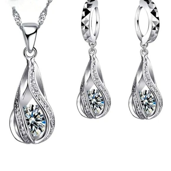⭐4Pc Bundle⭐ Diamond Teardrop Pendant And Earrings w 18" Chain Sterling Silver - Picture 1 of 8